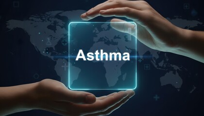 A caring hands holding a glowing health interface with asthma awareness and digital medical support asthma concept