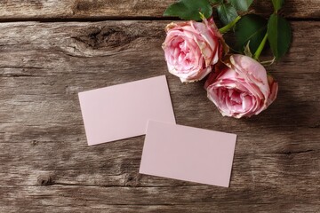 Soft pink stationery accented by two roses on warm wooden tabletop