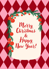 Merry christmas and happy new year holiday greeting card. Vector hand drawn illustration. Fir wreath frame with red balls on checkered background