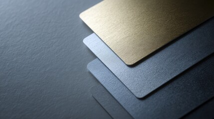 Luxury banking cards display, multiple metallic colors including gold and silver, realistic textures, minimalist gray background, payment design presentation