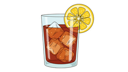 Refreshing brown beverage with ice cubes in a clear glass, garnished with a lemon slice