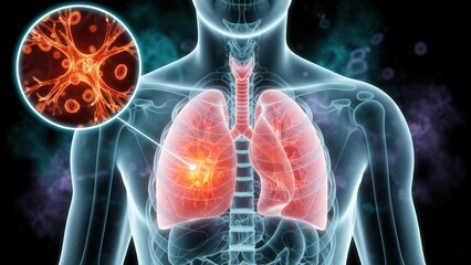 The transparent torso with a glowing lung spot and magnified cells showing internal disease discovery asthma concept