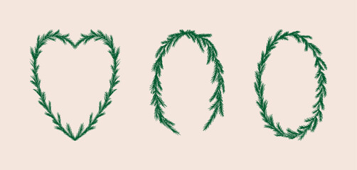 Set of winter frames with fir branches. Oval and heart shaped wir wreaths. Vector hand drawn illustration. Elegant and vintage clipart for greeting cards