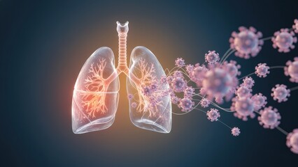 An inflamed lung facing a floating virus shapes showing airway threat immunity and breathing risk asthma concept