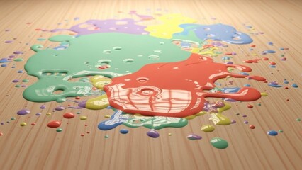 Colorful paint splatters on a wooden floor with vibrant hues and scattered droplets