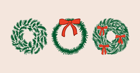 Set of christmas fir wreaths with red bows. Hand drawn holiday vector illustration. Vintage elegant clipart