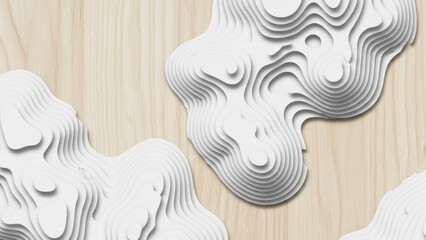 White 3D cloud shapes with layered texture on a wooden background viewed from above