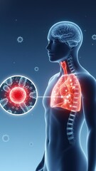 The human profile with a glowing lungs and cell zoom showing inflammation and respiratory illness asthma concept