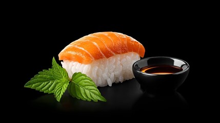 Elegant Japanese sushi and sashimi platter featuring fresh fish, vibrant presentation, traditional culinary art, and gourmet seafood delicacies on black background