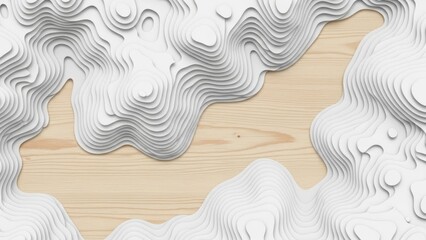 White wavy patterns on a wooden background viewed from above with intricate designs and textures