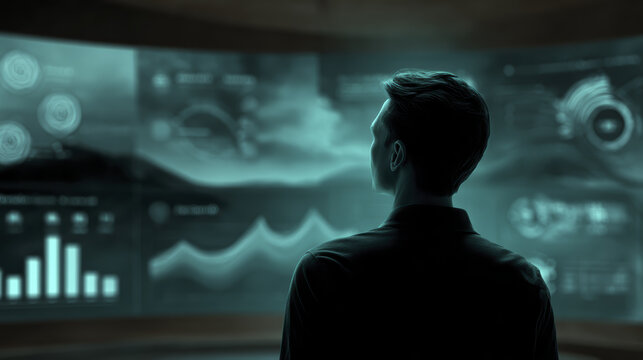 Futuristic technology data visualization virtual screen male silhouette dark room blue light digital interface analytics dashboard modern business - Powered by Adobe