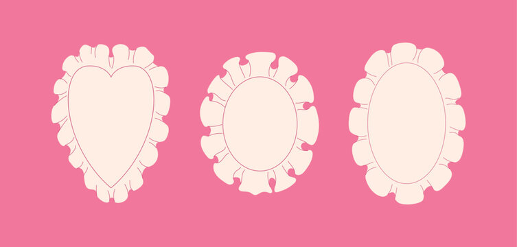 Set of decorative vintage frames with wavy ruffled edges. Vector flat illustration. Heart and oval shaped ornamental borders for invitations, greeting cards, valentine's day and wedding designs.