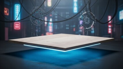 Empty stage with glowing blue edges in a futuristic cityscape at night with neon lights and wires