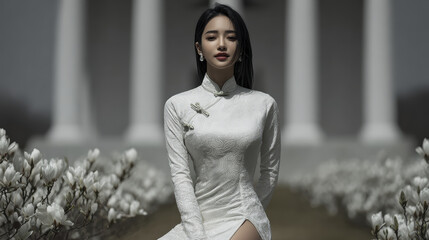 Asian woman white dress traditional dress floral pattern outdoor portrait magnolia flower spring garden elegant pose long hair white column serene