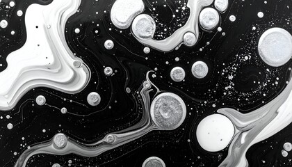 Abstract black and white image, fluid and bubbly with circular and swirling forms
