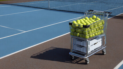 Tennis ball cart tennis court sports equipment yellow ball metal cart practice training blue surface outdoor court recreation coaching session