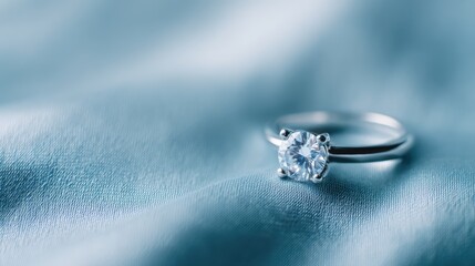diamond ring with carat gemstone on blue silk background, engagement ring close-up, selective focus, luxury women jewelry