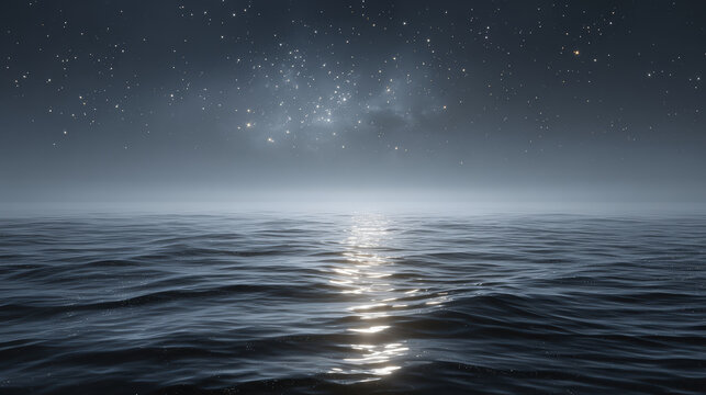 Starry night sky ocean horizon calm sea gentle wave moonlight reflection tranquil serene landscape - Powered by Adobe