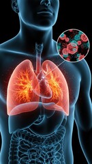 Thr transparent torso with an inflamed lungs and cell zoom showing internal respiratory disease asthma concept