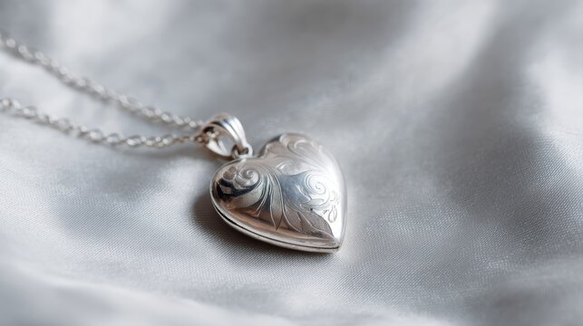 vintage 1970s floral swirl engraved heart locket pendant, solid 925 sterling silver, antique jewelry close-up