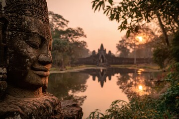 Stone face Asura at Angkor Thom bathed in sunset over the moat