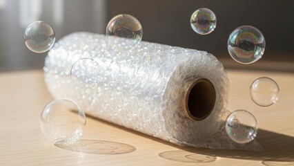 A roll of plastic wrap surrounded by floating bubbles on a light wooden surface