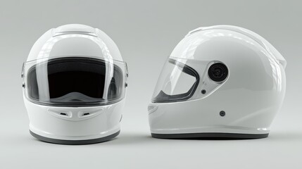 Fototapeta premium Studio photograph of a white motorcycle helmet, frontal and profile angles for branding testing