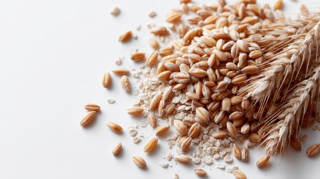 close-up of wheat grains and barley pile, spelta cereal seeds for bread, isolated on white background, top view flat lay