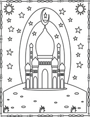 Islamic Mosque Line Art with Crescent Moon. Ramadan And Eid Illustration. Mosque Coloring Page For Kids And Adults.