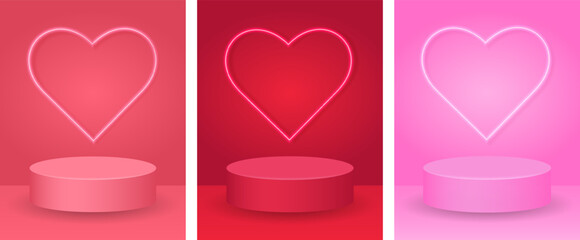 Set of Valentine's Day podiums with a neon heart, pink and red 3D background in a minimalist style for product display and romantic advertising.