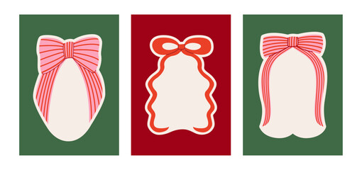 Set of coquette posters with pink striped bows. Vector hand drawn illustration. Holiday clipart for greeting cards, invitations, etc.