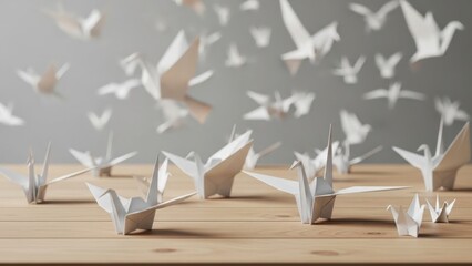 White paper cranes floating above a wooden table with origami birds in flight
