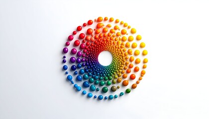 Colorful spiral of 3D spheres in a rainbow pattern against a white background