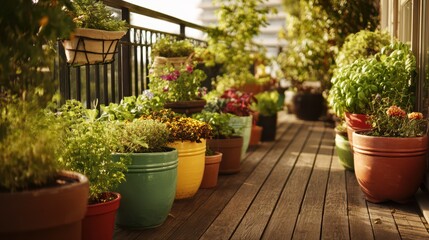 Sunlit balcony container garden with terracotta pots, herbs, and colorful flowers