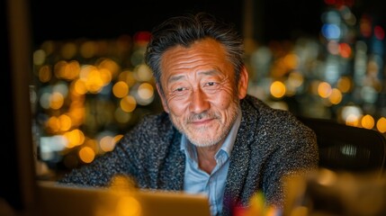 Thoughtful businessman working at night with city lights background