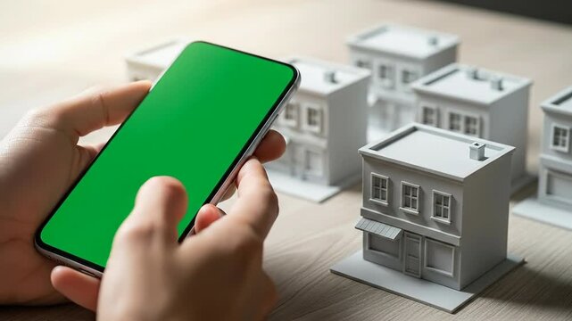 Close up of Person Holding Smartphone with Green Screen Over Miniature Buildings Providing Real Estate Investment Concept
