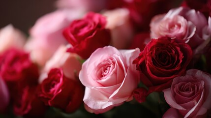 bunch of red and pink roses in full bloom, romantic flowers background, love and affection concept