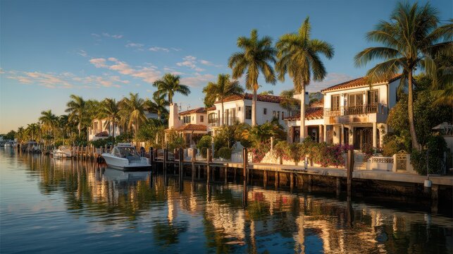 Sunlit waterfront homes along a tropical canal in Bay Harbor Islands
