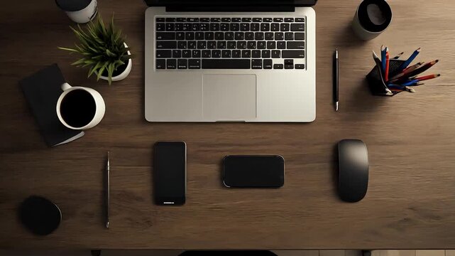 Modern workspace featuring a laptop, two smartphones, a mouse, a pen, and a coffee cup on a wooden desk