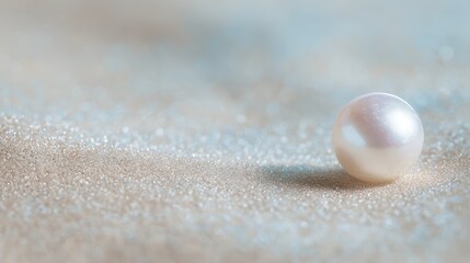 smooth round white pearl resting in textured sand, delicate iridescence, blurred natural background, macro shot