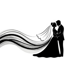 Elegant silhouette illustration of a bride with flowing veil, creating a romantic and minimalist wedding concept © uzair