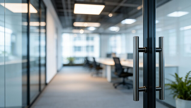 Soft-focus bokeh view of modern open-plan office through glass door with black handle, glass partitions, warm lighting, natural light and minimalist professional corporate aesthetic