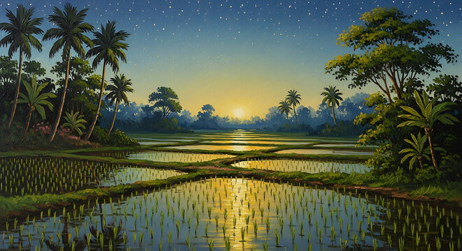 Vibrant painting of a tropical rice paddy landscape at sunrise with palm trees and starry sky reflecting on the water.