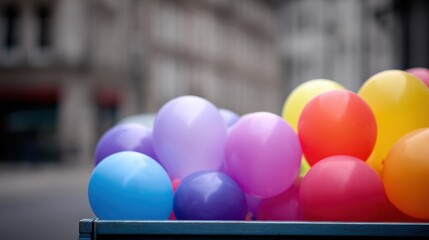 rainbow coloured balloons on a truck during LGBT+ pride parade, vibrant celebration of diversity and equality, festive street scene