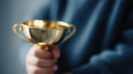 shiny golden trophy cup held by child, champion kid reward, competition or contest prize concept