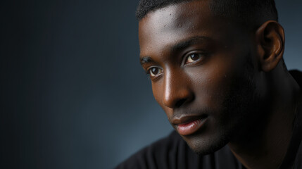 African american man portrait closeup studio low key contemplative calm serious dark background soft light contemplative african american man