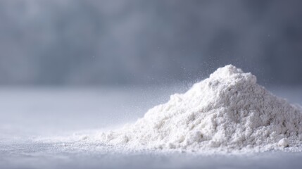 close-up of fine white powder, gypsum or diatomite, isolated on grey background, macro chemical and plaster detail