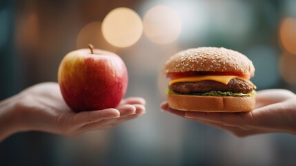 Healthy fruit vs burger hand comparison