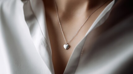 open heart-shaped medallion pendant in silver on chain, romantic jewelry gift, worn by woman, love and elegance concept