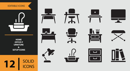 Collection of 12 solid icons depicting essential home office furniture and setup items